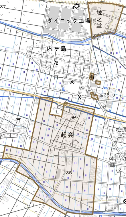 起会とその周辺の地図。町の範囲を重ねている