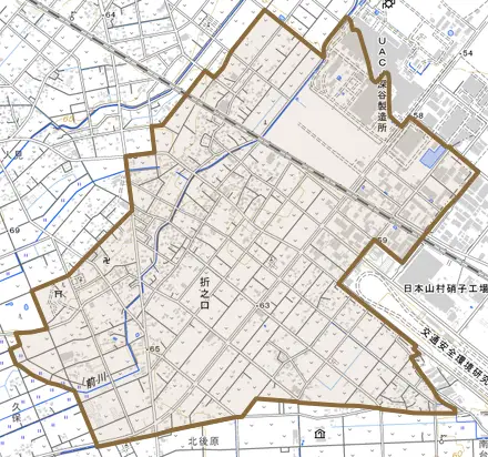 折之口とその周辺の地図。町の範囲を重ねている