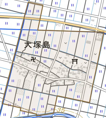 大塚島とその周辺の地図。町の範囲を重ねている