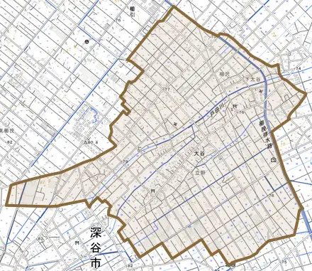 大谷とその周辺の地図。町の範囲を重ねている
