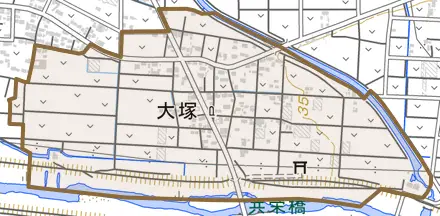 大塚とその周辺の地図。町の範囲を重ねている