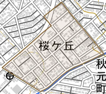 桜ケ丘とその周辺の地図。町の範囲を重ねている