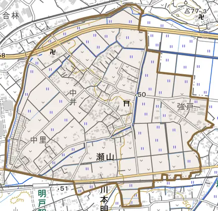 瀬山とその周辺の地図。町の範囲を重ねている