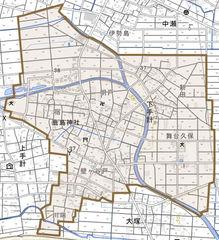 下手計とその周辺の地図。町の範囲を重ねている