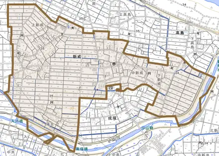 新戒とその周辺の地図。町の範囲を重ねている