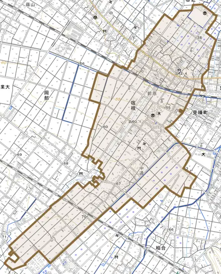 宿根とその周辺の地図。町の範囲を重ねている