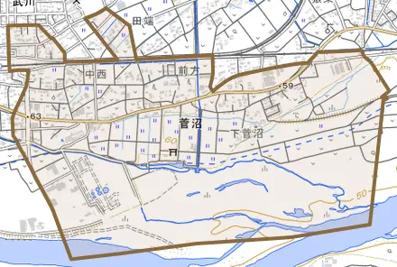菅沼とその周辺の地図。町の範囲を重ねている