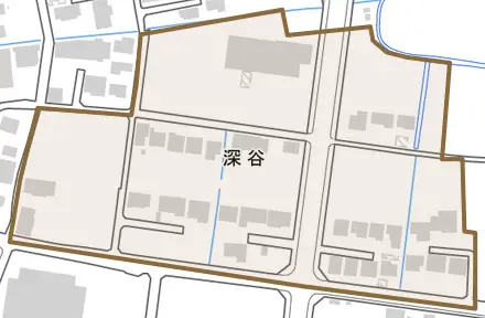 深谷とその周辺の地図。町の範囲を重ねている