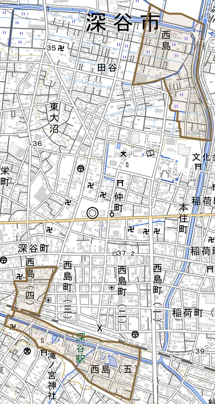 西島とその周辺の地図。町の範囲を重ねている