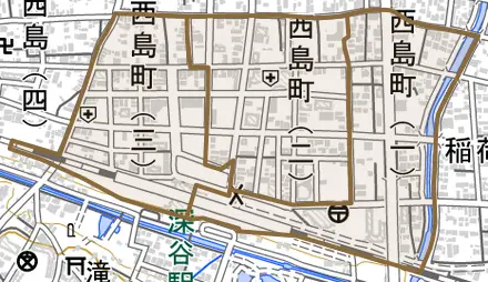 西島町とその周辺の地図。町の範囲を重ねている