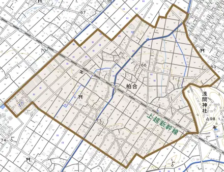 柏合とその周辺の地図。町の範囲を重ねている