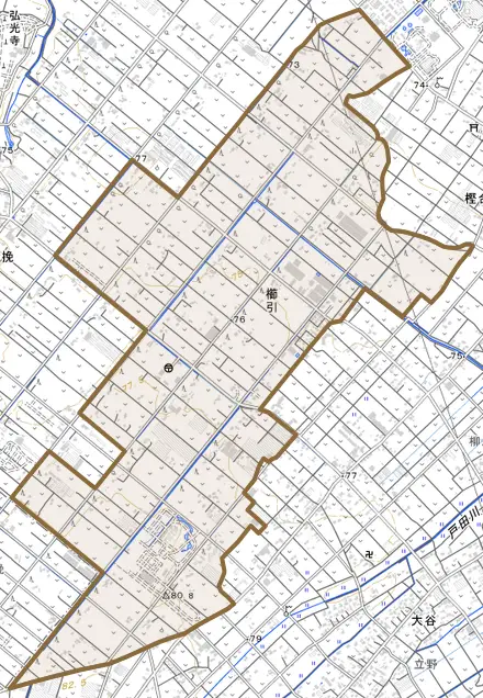 櫛引とその周辺の地図。町の範囲を重ねている