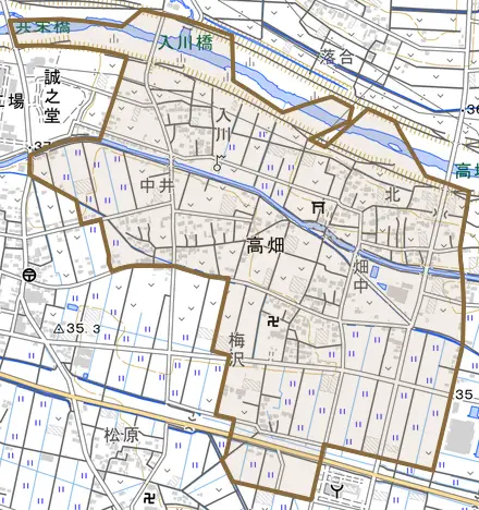 高畑とその周辺の地図。町の範囲を重ねている