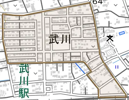 武川とその周辺の地図。町の範囲を重ねている