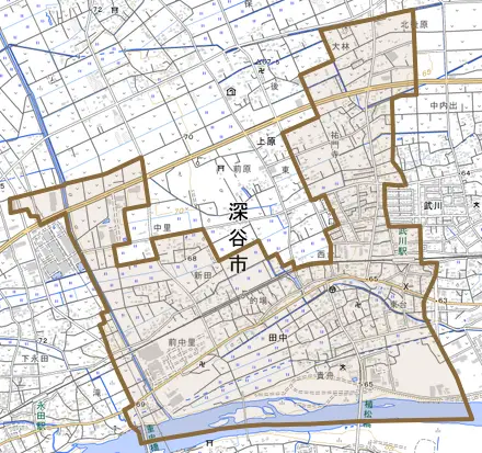 田中とその周辺の地図。町の範囲を重ねている