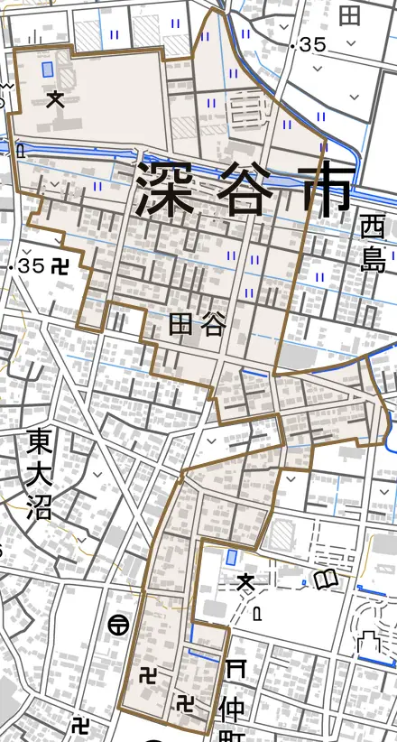田谷とその周辺の地図。町の範囲を重ねている