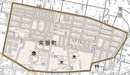 常盤町とその周辺の地図。町の範囲を重ねている