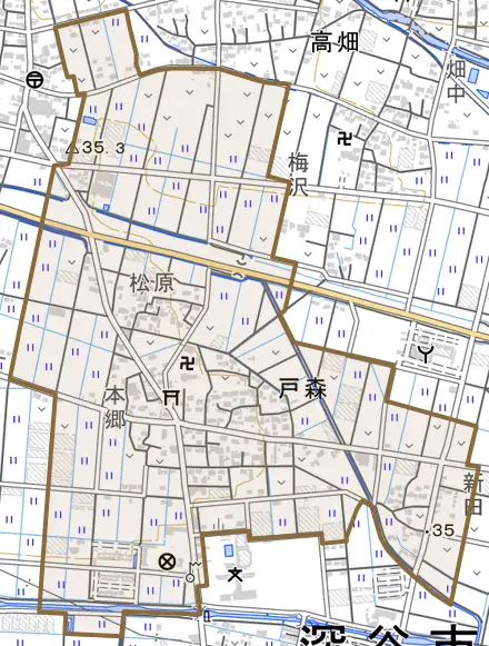 戸森とその周辺の地図。町の範囲を重ねている