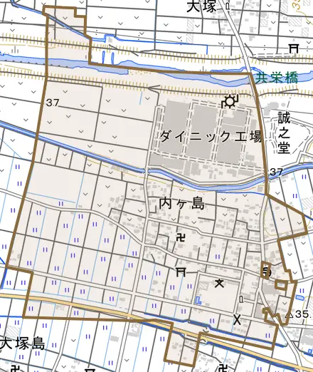 内ケ島とその周辺の地図。町の範囲を重ねている