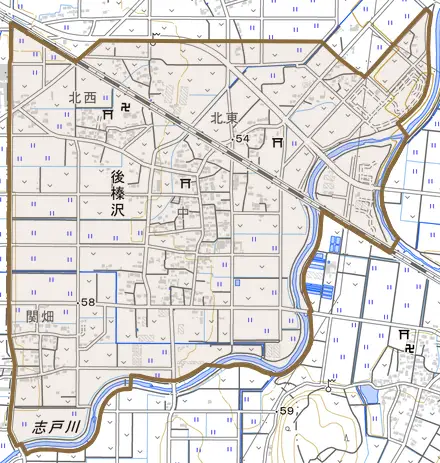 後榛沢とその周辺の地図。町の範囲を重ねている