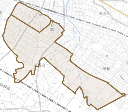 上野台とその周辺の地図。町の範囲を重ねている