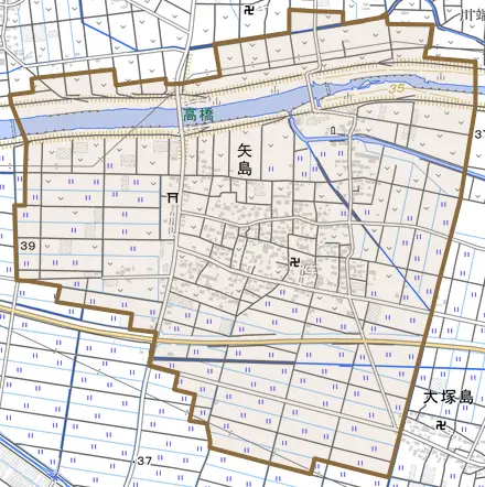 矢島とその周辺の地図。町の範囲を重ねている