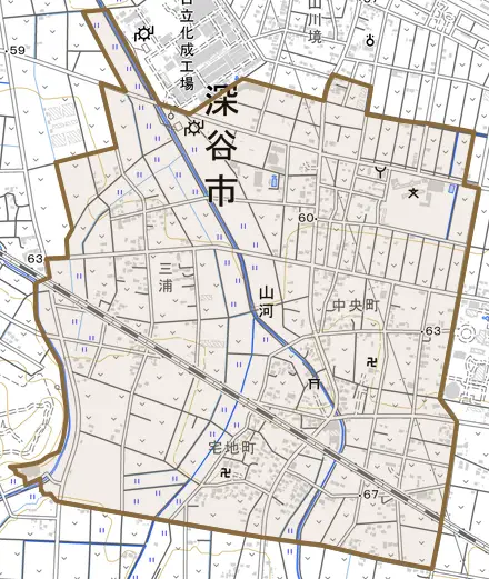 山河とその周辺の地図。町の範囲を重ねている