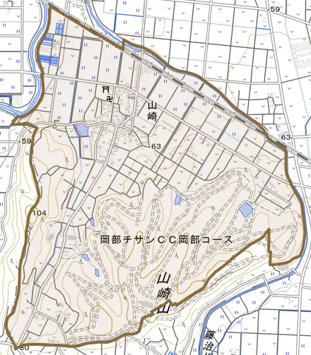 山崎とその周辺の地図。町の範囲を重ねている