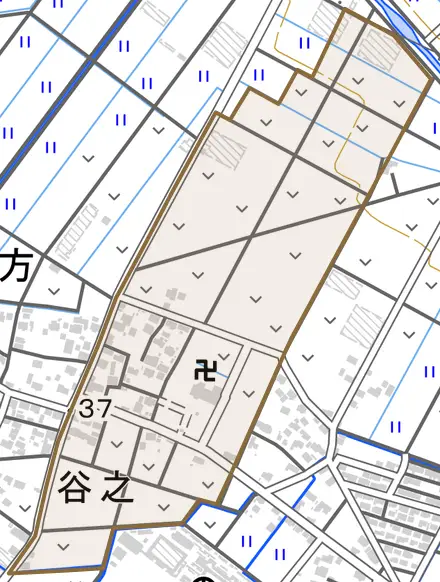谷之とその周辺の地図。町の範囲を重ねている