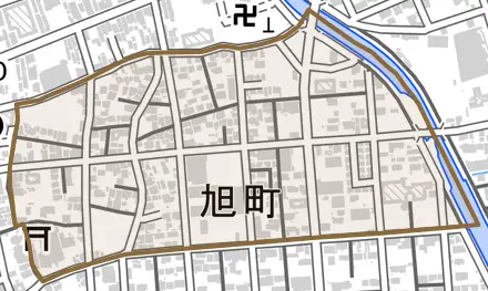 旭町とその周辺の地図。町の範囲を重ねている