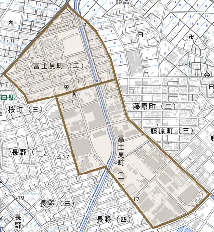 富士見町とその周辺の地図。町の範囲を重ねている