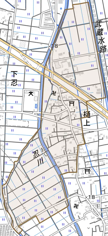 大字樋上とその周辺の地図。町の範囲を重ねている