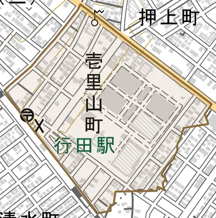 壱里山町とその周辺の地図。町の範囲を重ねている