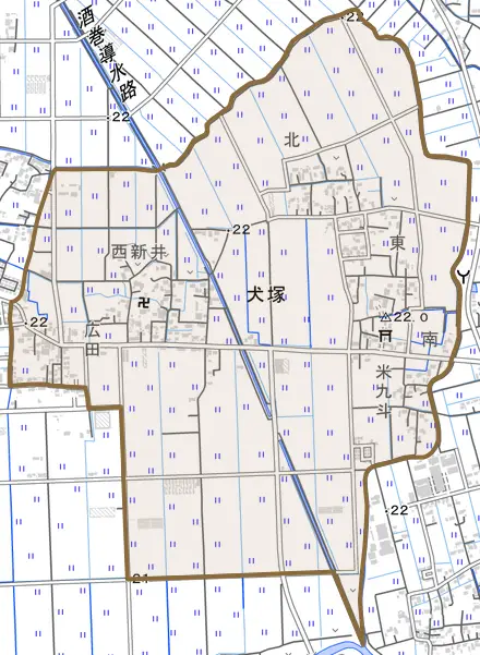 大字犬塚とその周辺の地図。町の範囲を重ねている