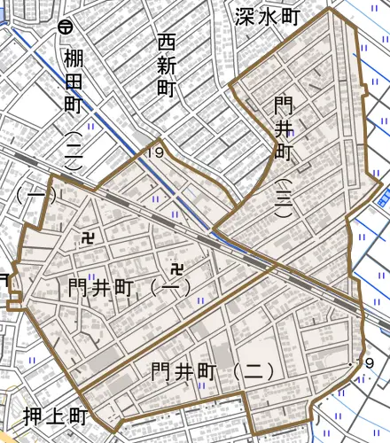 門井町とその周辺の地図。町の範囲を重ねている