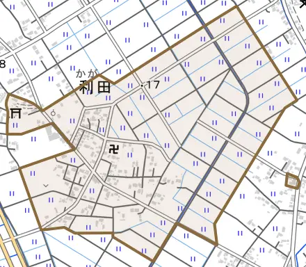 大字利田とその周辺の地図。町の範囲を重ねている