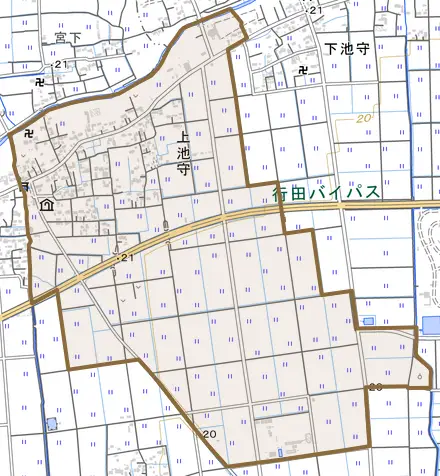 大字上池守とその周辺の地図。町の範囲を重ねている