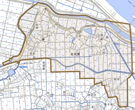大字北河原とその周辺の地図。町の範囲を重ねている