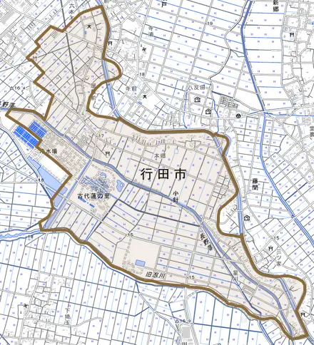 大字小針とその周辺の地図。町の範囲を重ねている