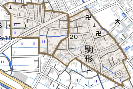 駒形とその周辺の地図。町の範囲を重ねている