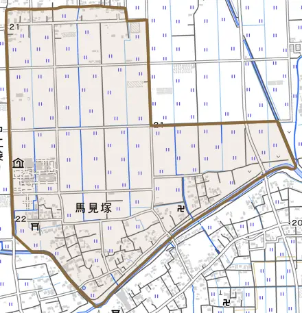 大字馬見塚とその周辺の地図。町の範囲を重ねている