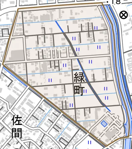 緑町とその周辺の地図。町の範囲を重ねている
