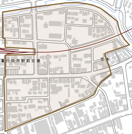 宮本とその周辺の地図。町の範囲を重ねている