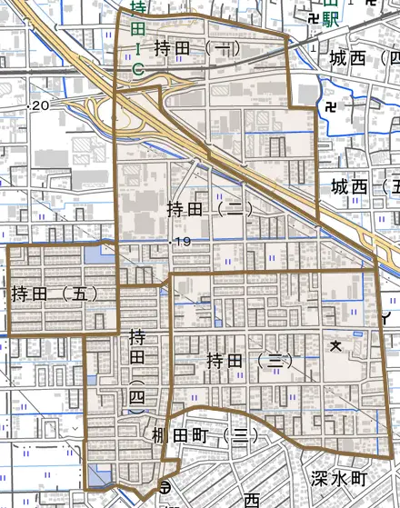 持田とその周辺の地図。町の範囲を重ねている
