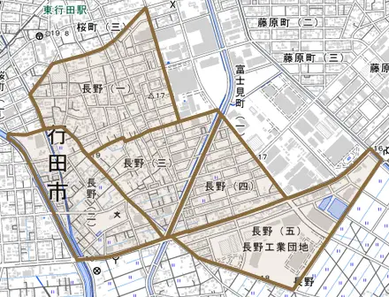 長野とその周辺の地図。町の範囲を重ねている