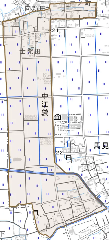 大字中江袋とその周辺の地図。町の範囲を重ねている