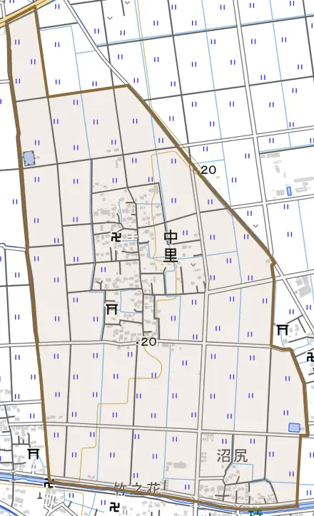 大字中里とその周辺の地図。町の範囲を重ねている