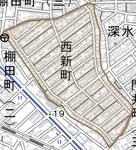 西新町とその周辺の地図。町の範囲を重ねている