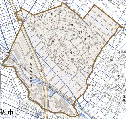 大字野とその周辺の地図。町の範囲を重ねている