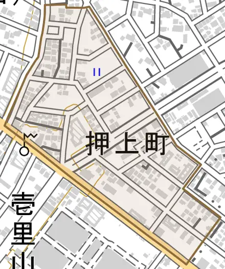 押上町とその周辺の地図。町の範囲を重ねている